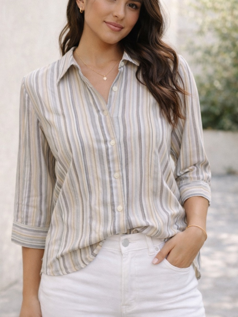 Lands End Vertical Stripe Button Down Shirt NWOT Size Small Petite